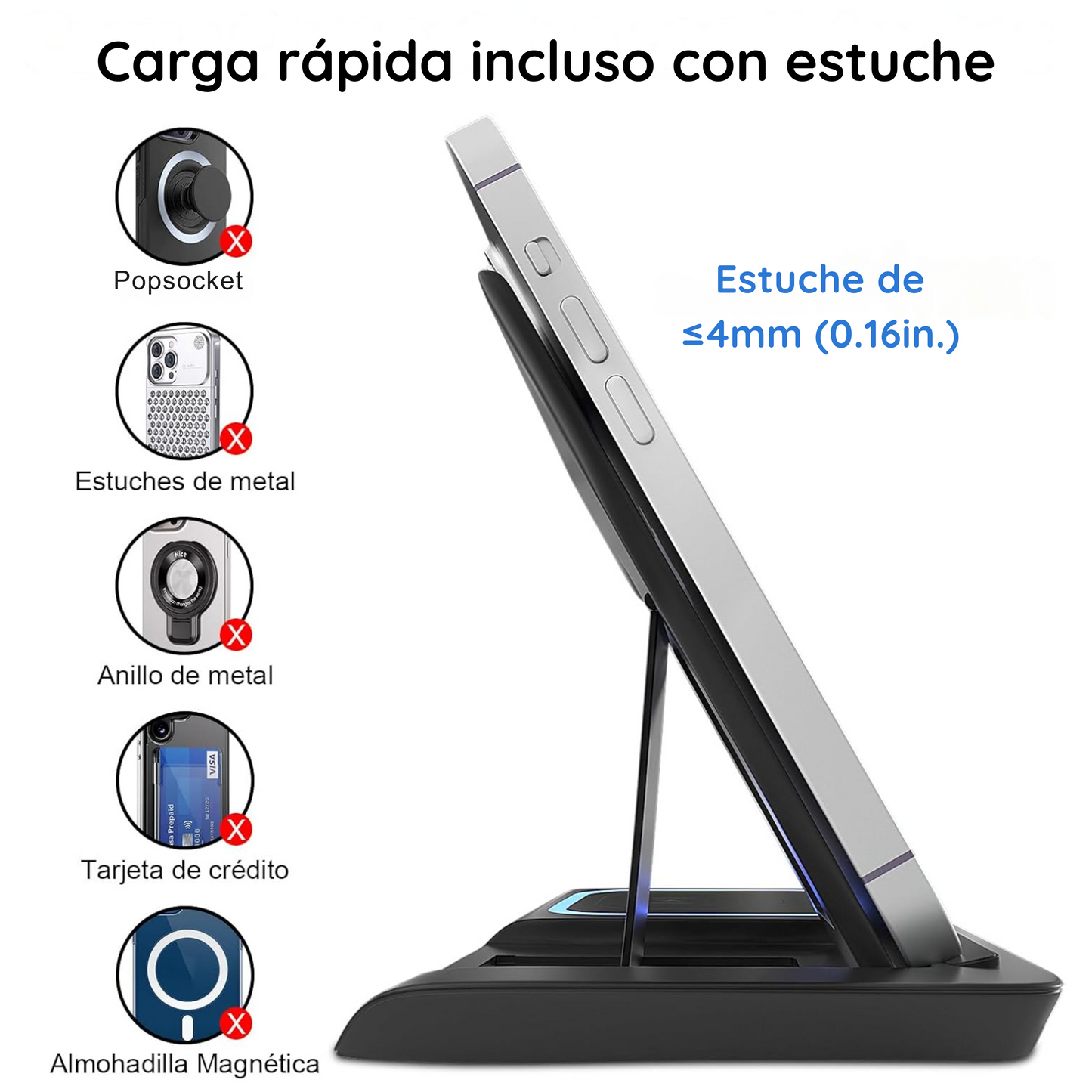Cargador inalámbrico rápido LED 3 en 1 de 15W