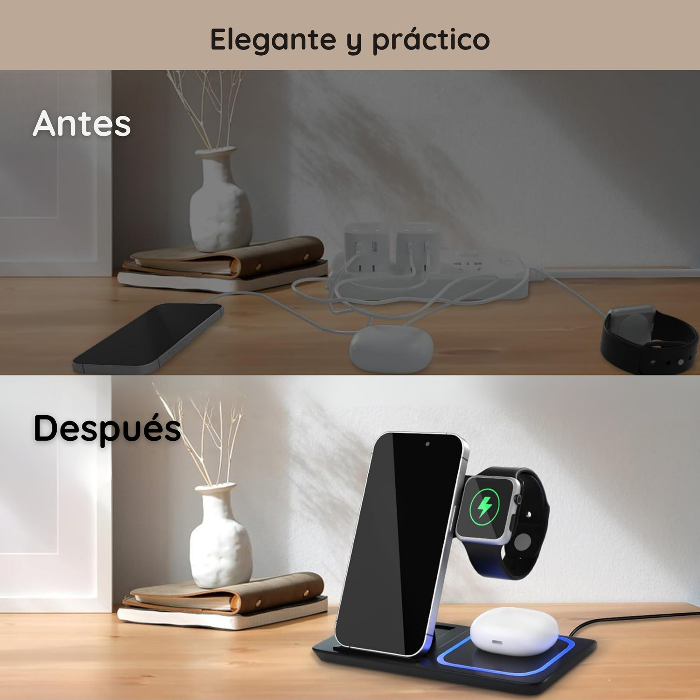 Cargador inalámbrico rápido LED 3 en 1 de 15W