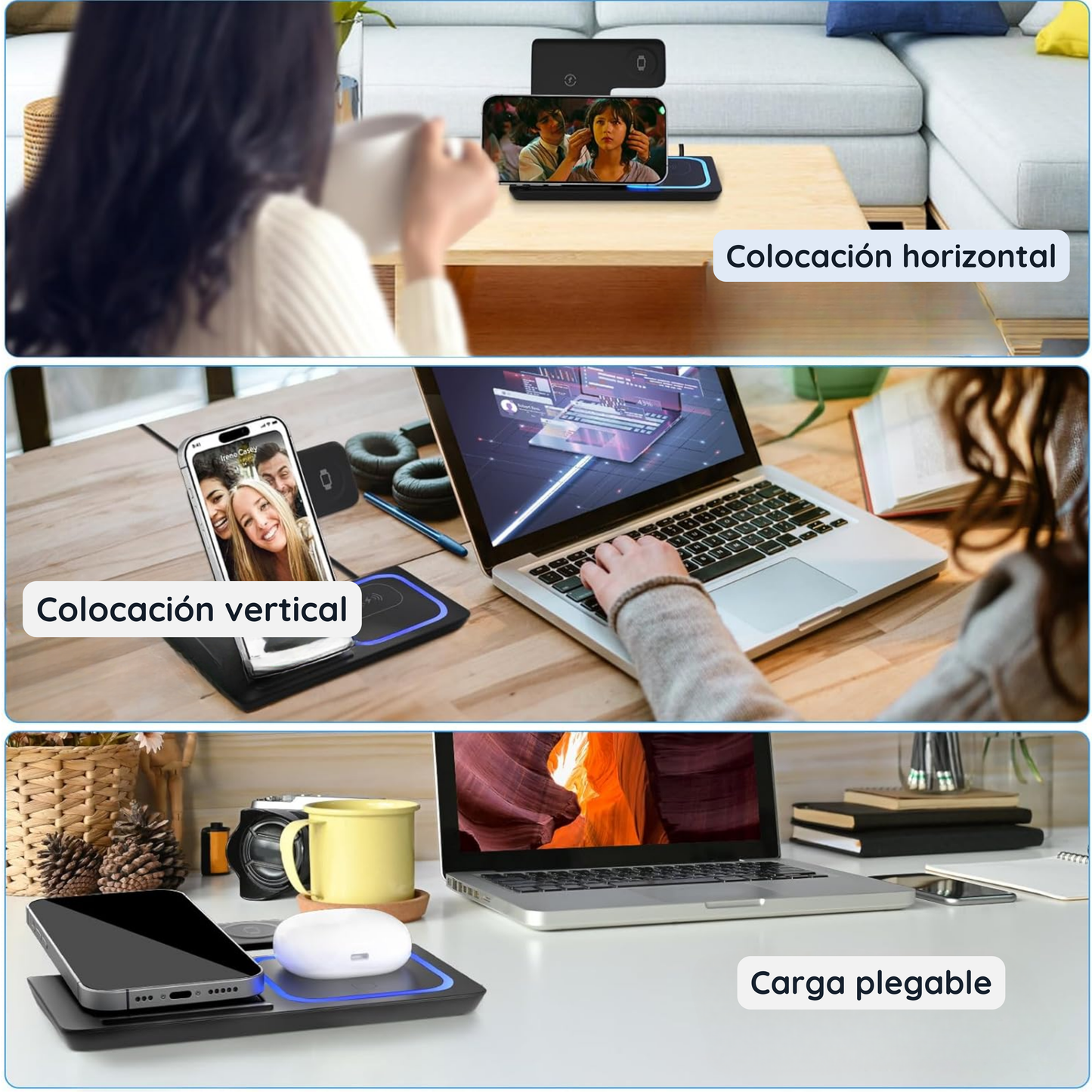 Cargador inalámbrico rápido LED 3 en 1 de 15W