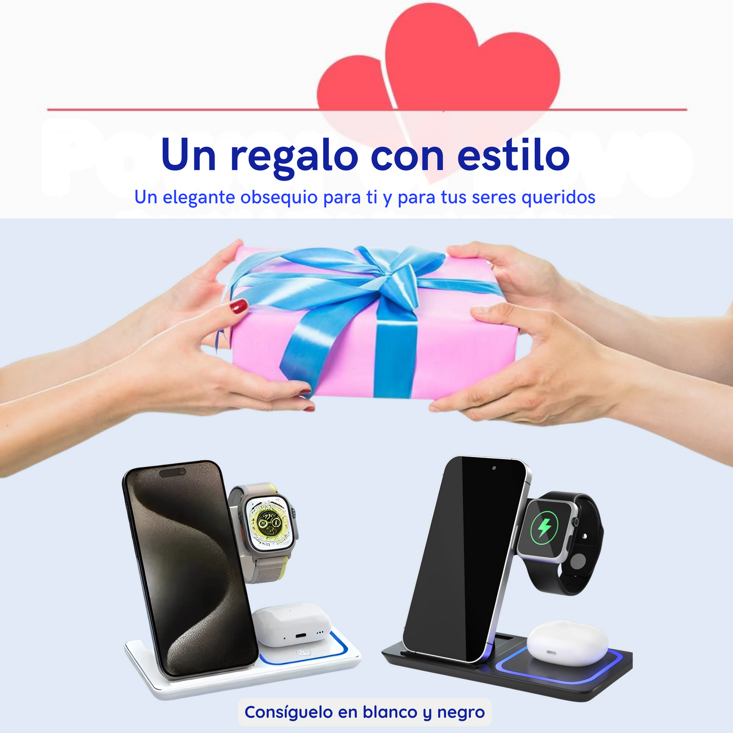 Cargador inalámbrico rápido LED 3 en 1 de 15W