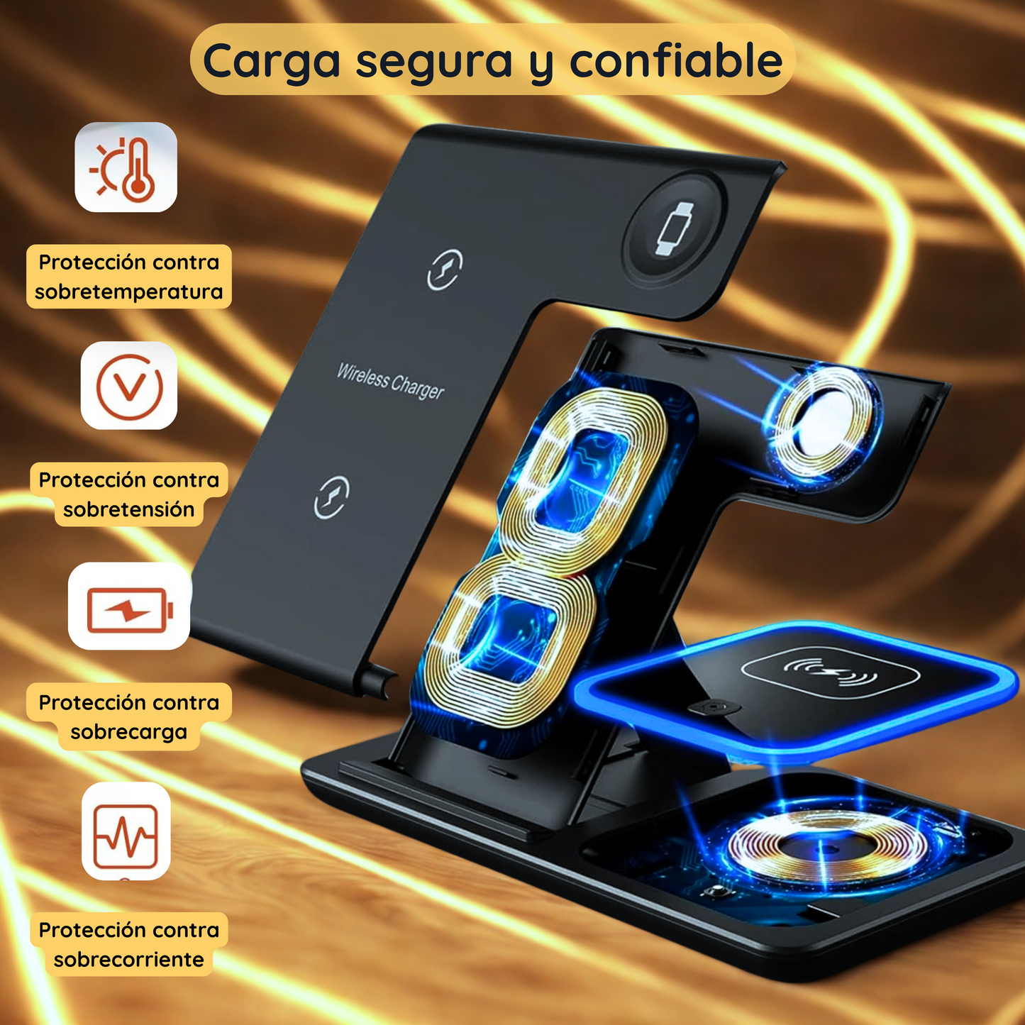Cargador inalámbrico rápido LED 3 en 1 de 15W