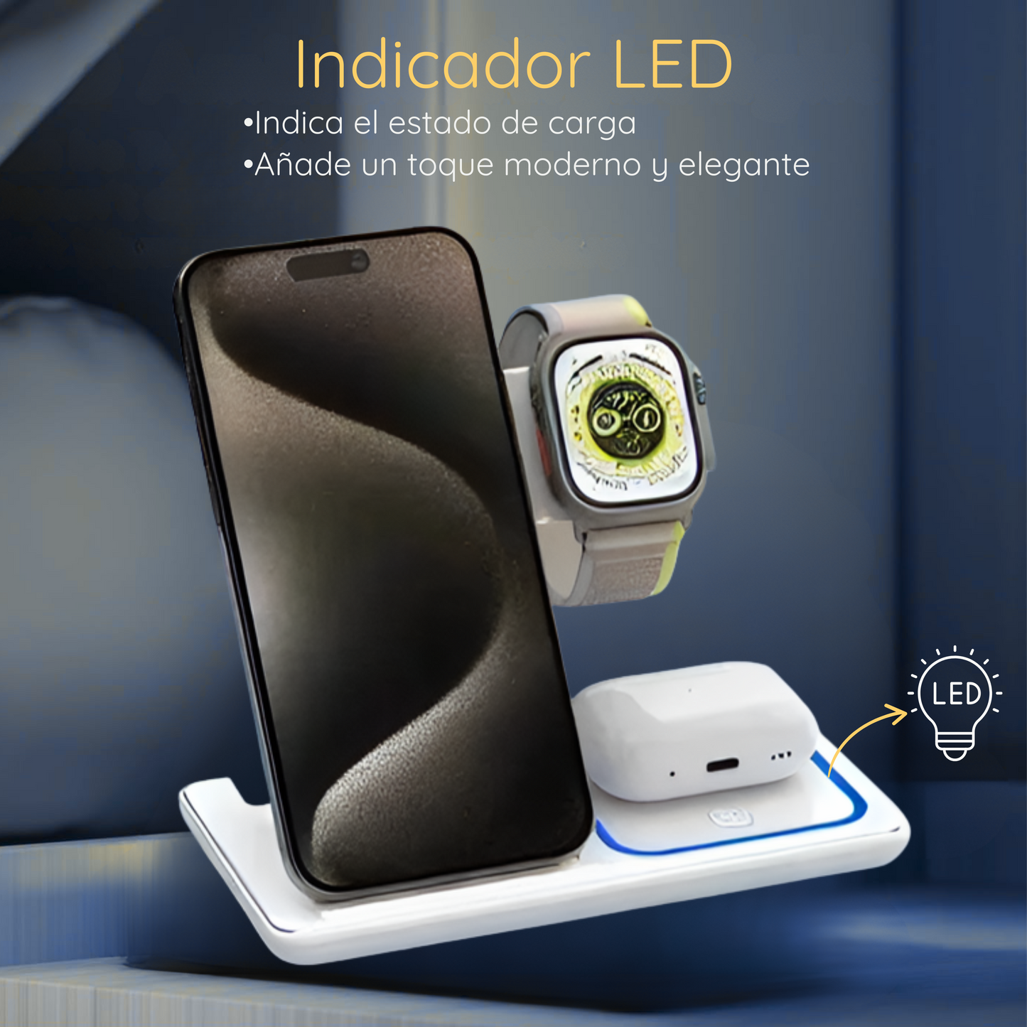 Cargador inalámbrico rápido LED 3 en 1 de 15W